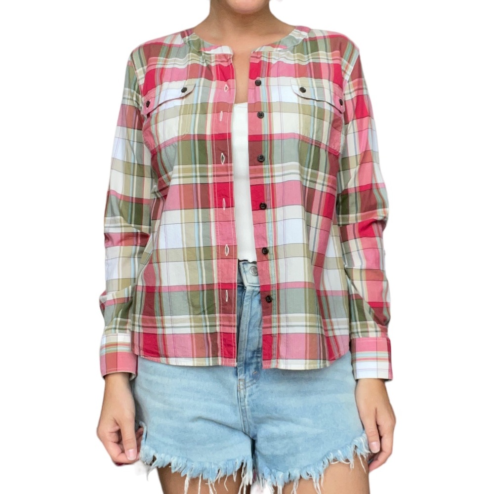 Orvis Women’s Plaid Collarless Button Down • Lightweight Outdoor Shirt Size S